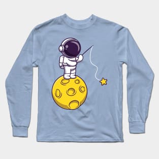 Astronaut Fishing Star On Moon Cartoon Long Sleeve T-Shirt